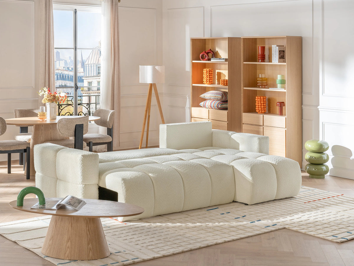 Canapé nuage d'angle convertible en tissu bouclette beige - ISSORO