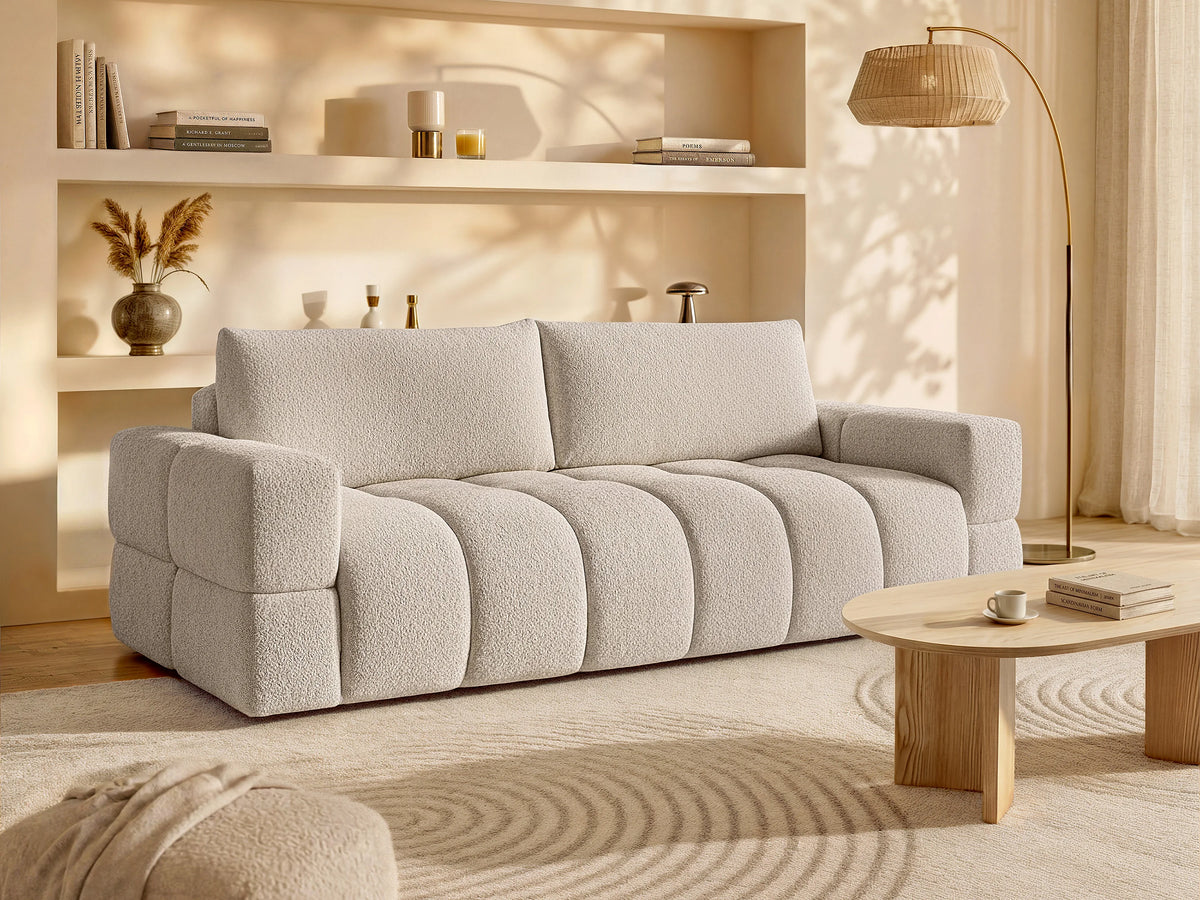 Canapé nuage 3 places convertible en tissu bouclette beige - ISSORO II
