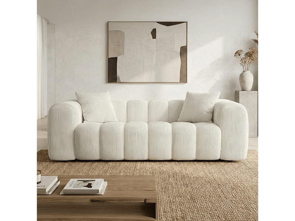 Canapé nuage droit 3 places en velours côtelé blanc cassé - NUVOLA