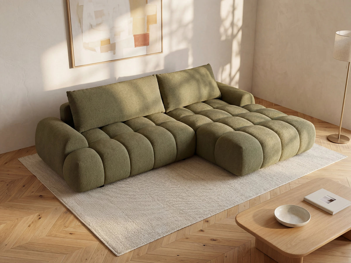 Canapé nuage d'angle droit convertible en tissu chenille vert - FARNETA