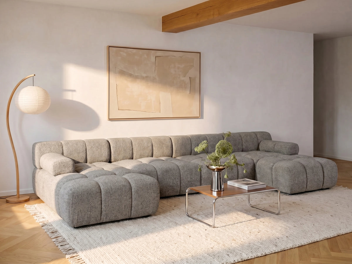 Canapé nuage d'angle panoramique modulable en tissu chiné taupe - FACIVIL