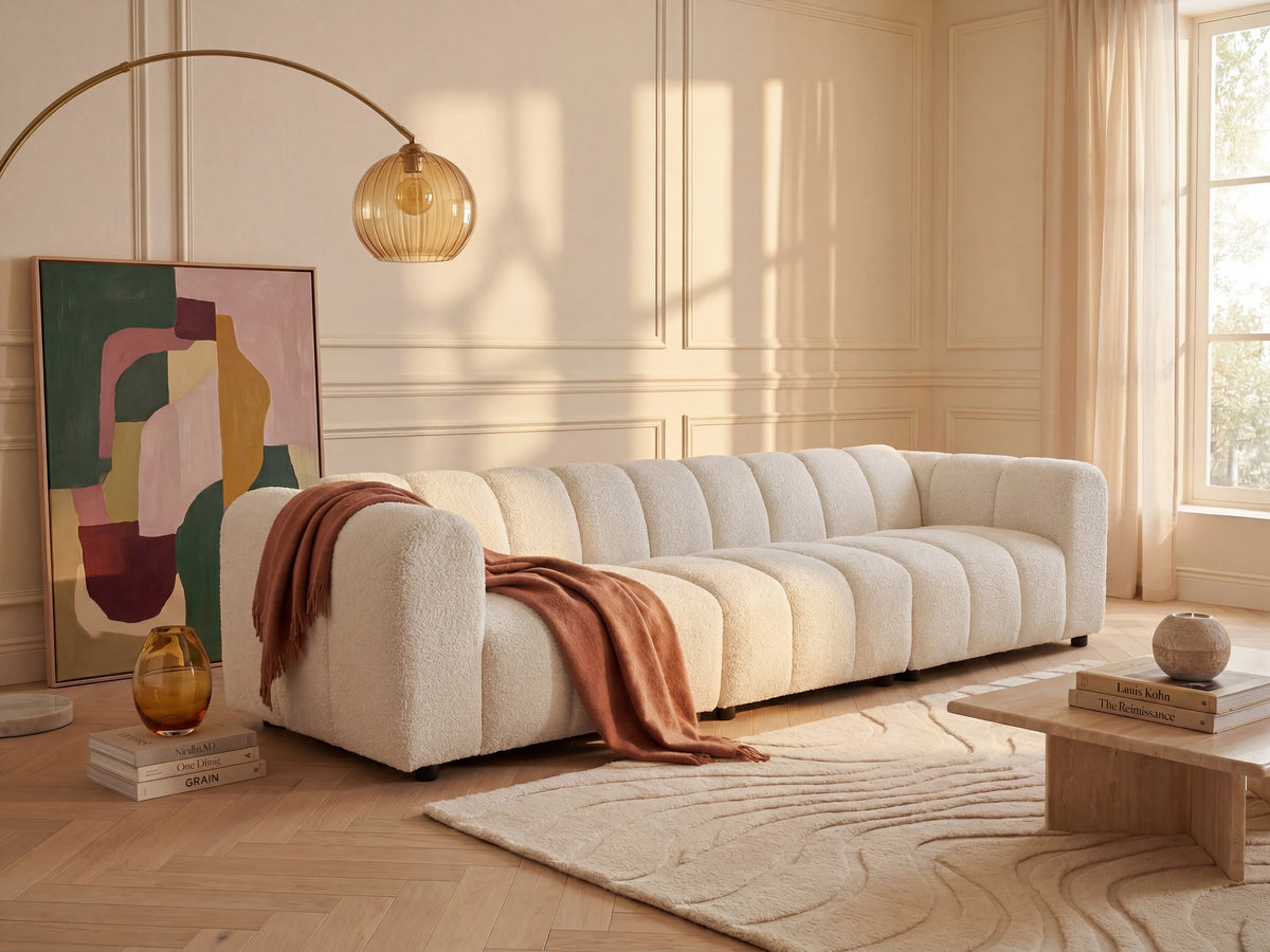 Canapé nuage modulable 4 places en tissu bouclette blanc cassé - JUTINI