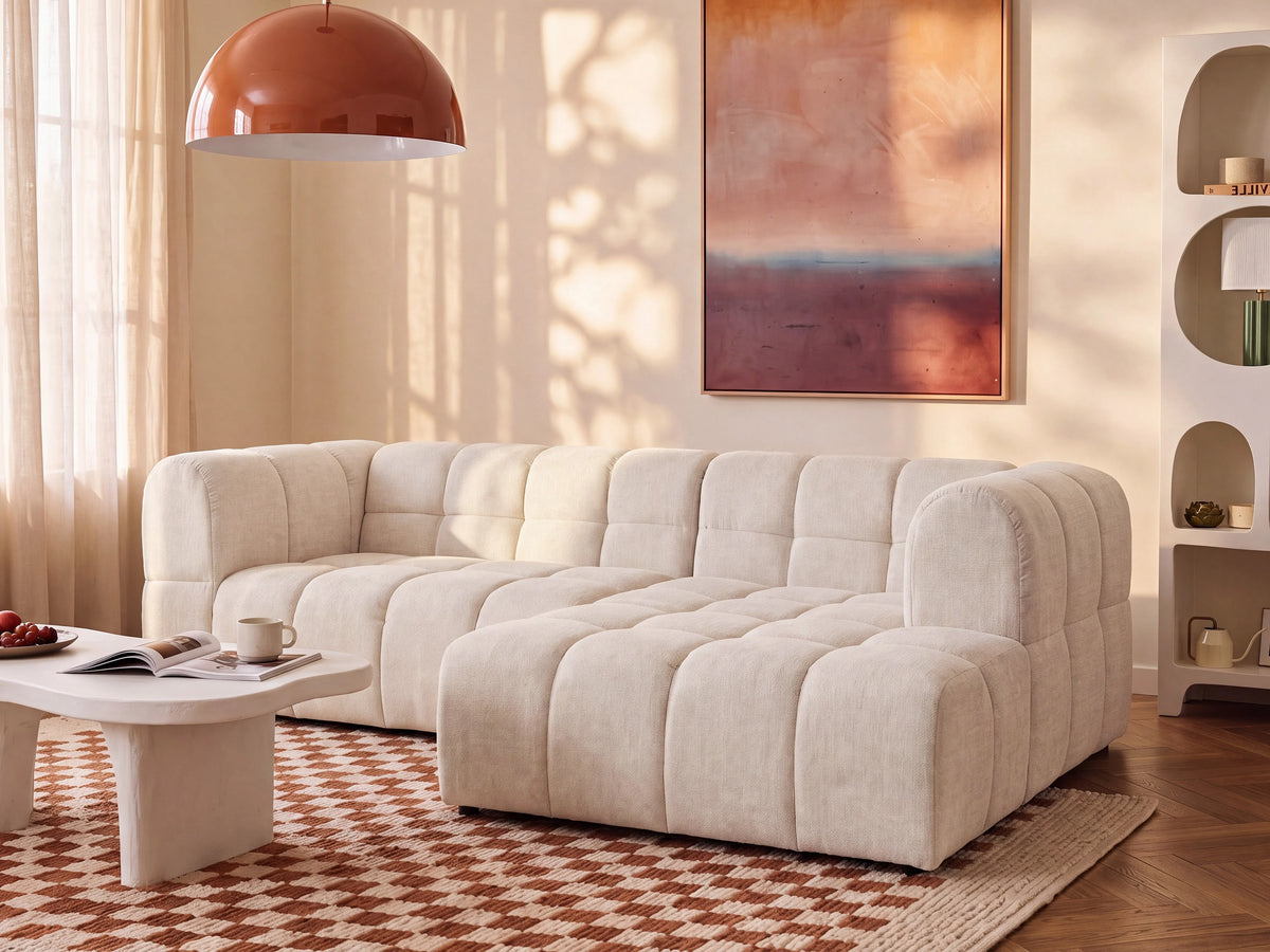 Canapé nuage d'angle droit en tissu texturé beige - RIMALO