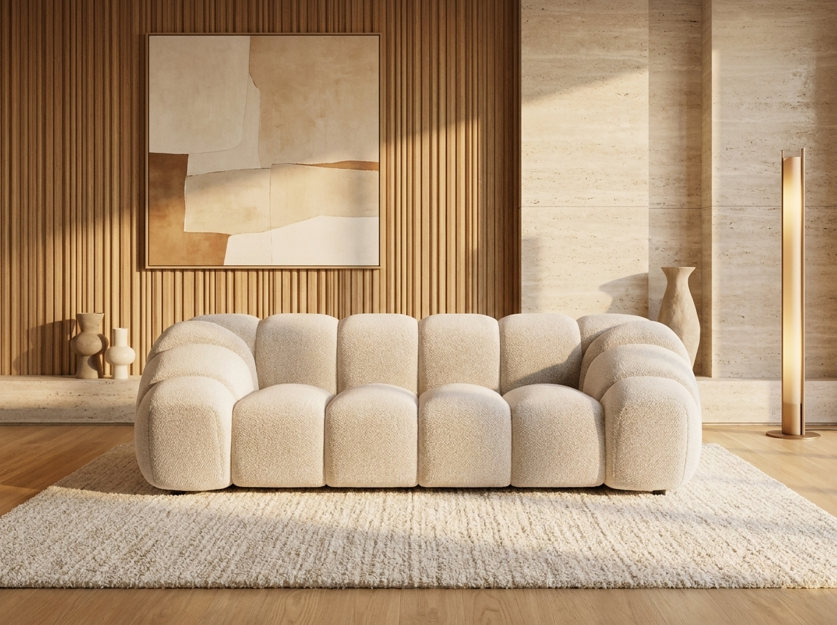 Canapé nuage 3 places en velours texturé beige - AVA