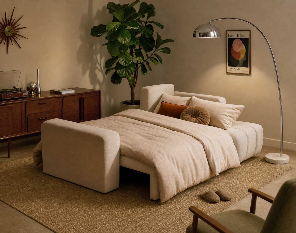 Canapé nuage d'angle convertible 4 places avec coffre en tissu beige - NICOLE