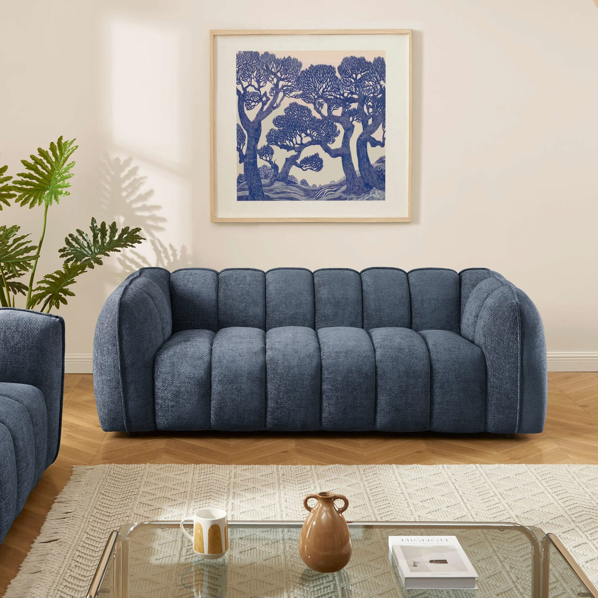 Canapé nuage droit 3 places en chenille bleu - MATILDA
