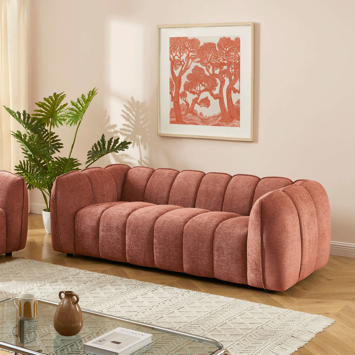 Canapé nuage droit 3 places en tissu chenille rouge brique - MATILDA