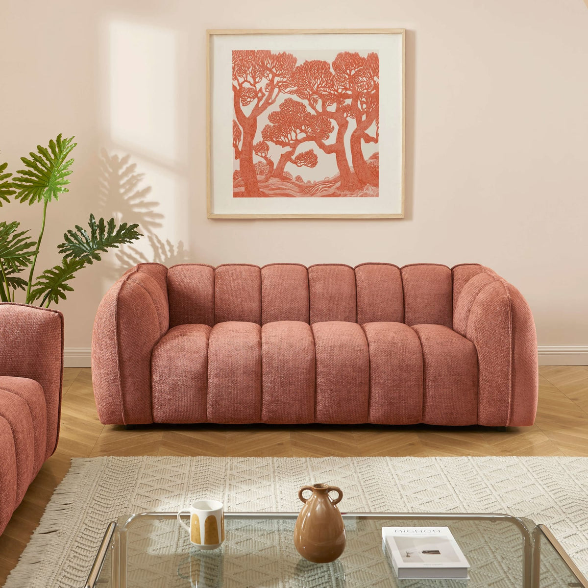 Canapé nuage droit 3 places en tissu chenille rouge brique - MATILDA