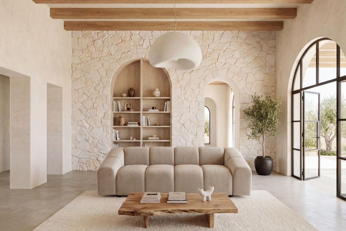 Canapé nuage droit 3 places en velours beige - CANDICE
