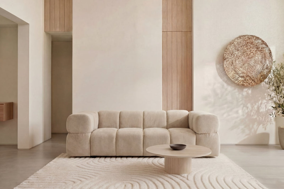 Canapé nuage droit 3 places en velours beige - GUSTAVE