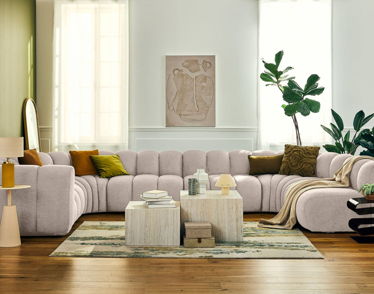 Canapé nuage modulable 7 places angle droit en tissu texturé beige - DEBBIE