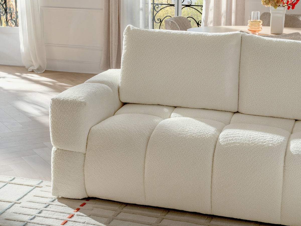 Canapé nuage d'angle convertible en tissu bouclette beige - ISSORO