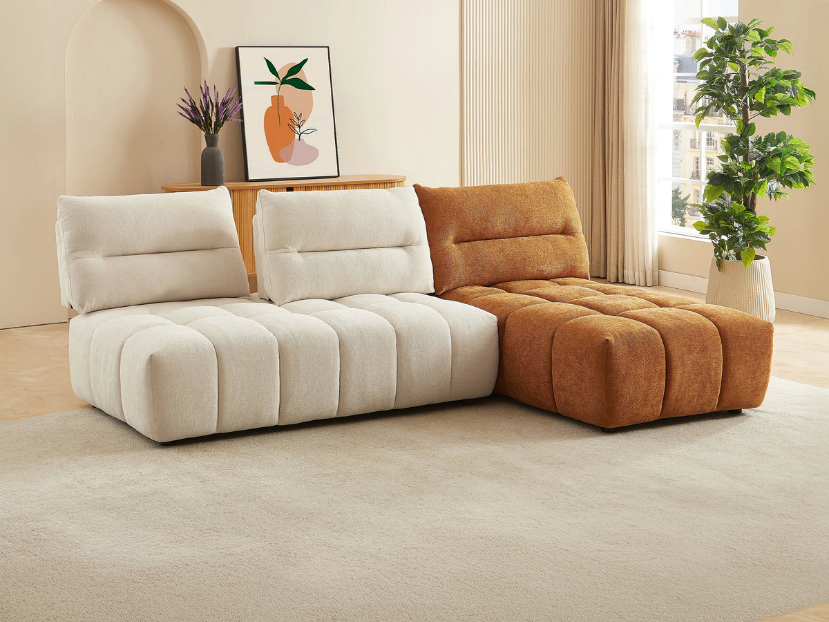 Canapé nuage d'angle modulable dossier avance-recule beige et terracotta - APOLIU