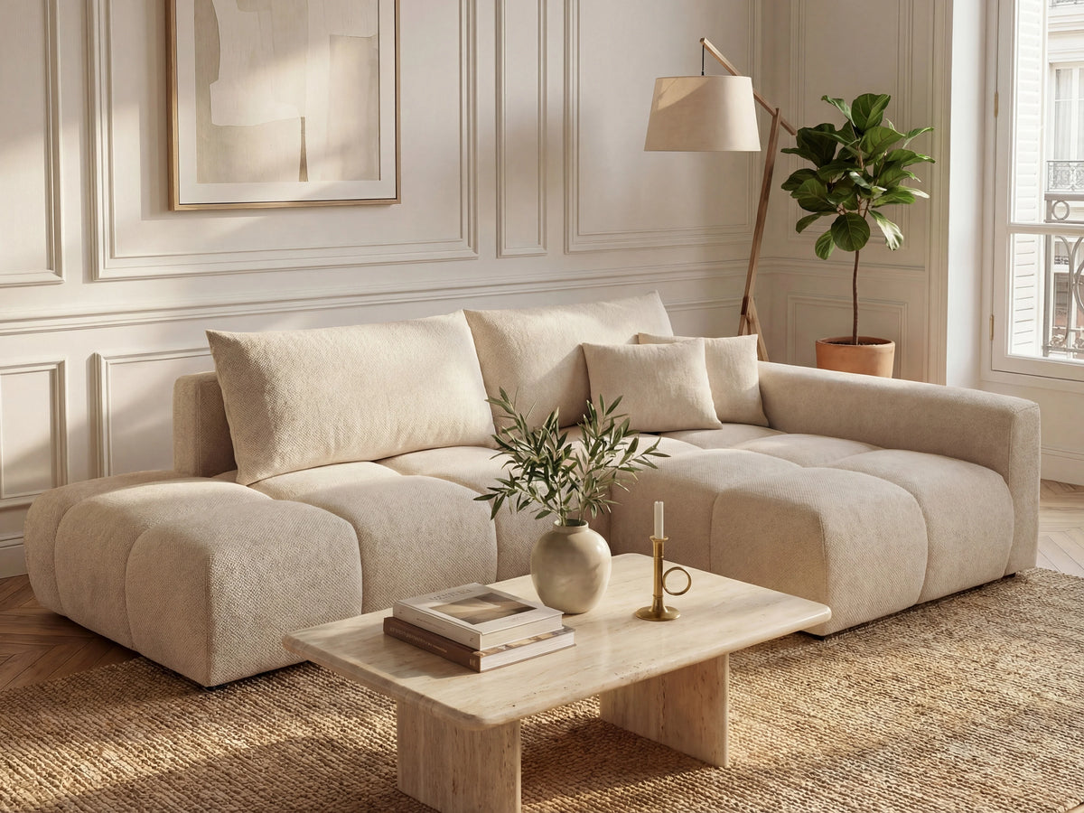 Canapé nuage d'angle droit convertible en tissu beige - MINTURNO