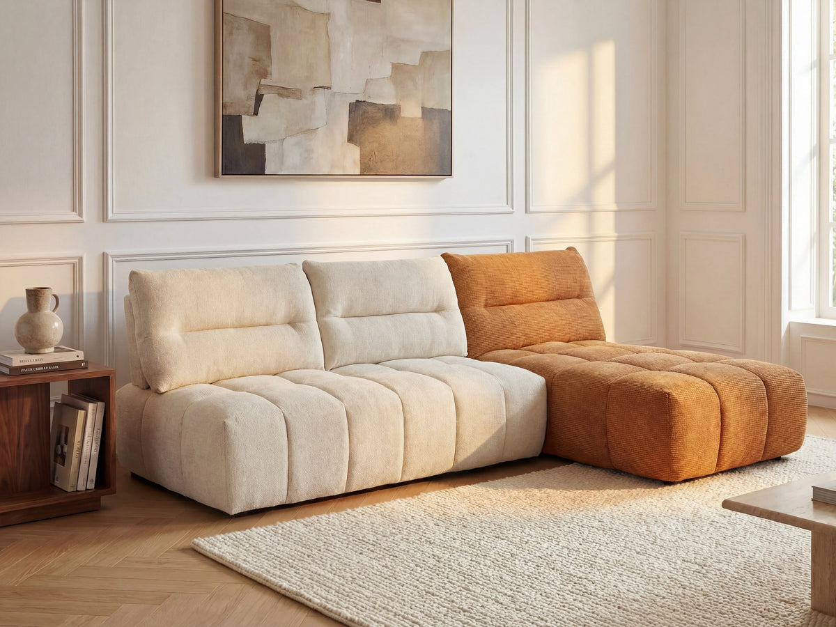 Canapé nuage d'angle modulable dossier avance-recule beige et terracotta - APOLIU