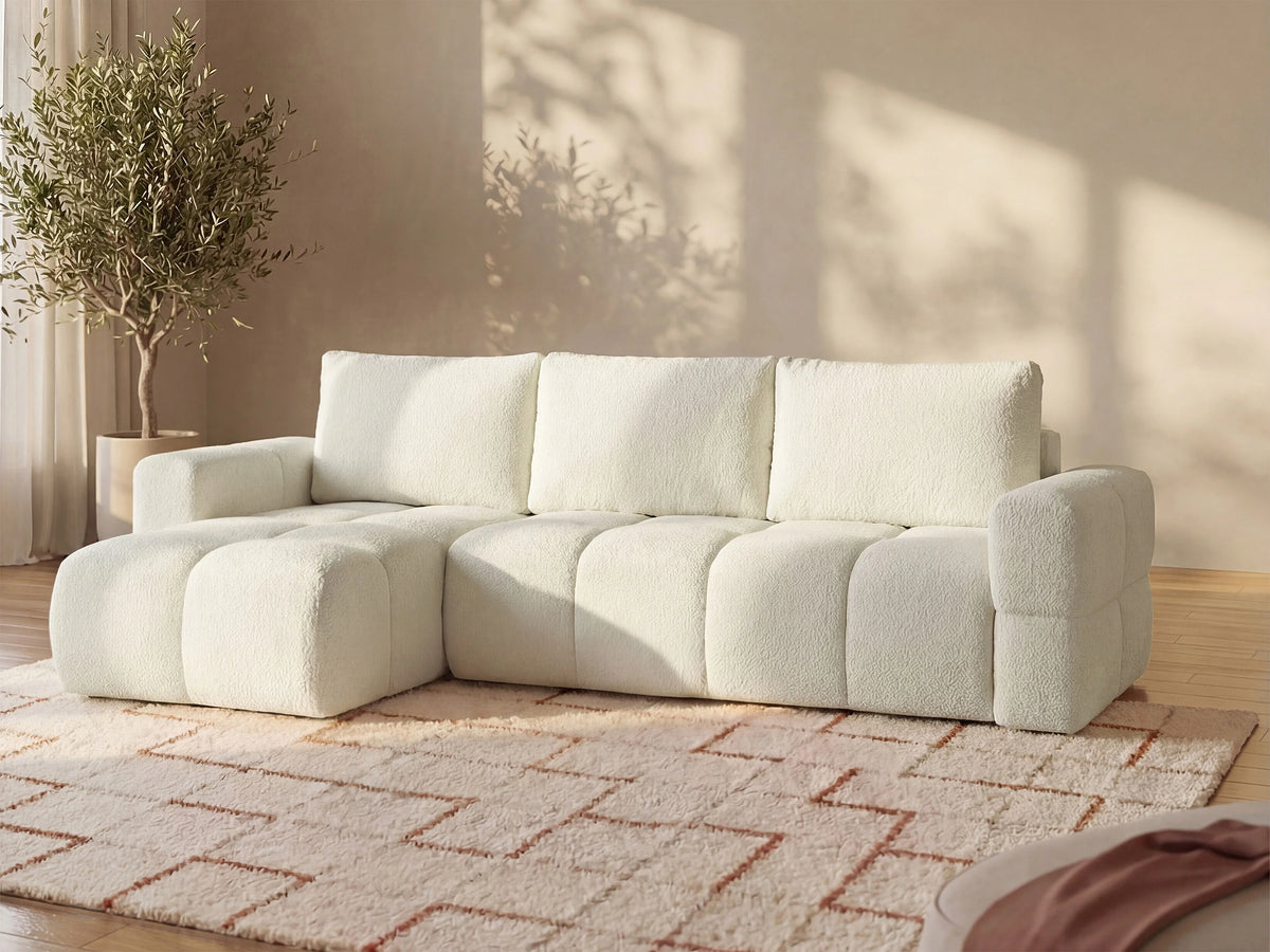 Canapé nuage d'angle convertible en tissu bouclette beige - ISSORO
