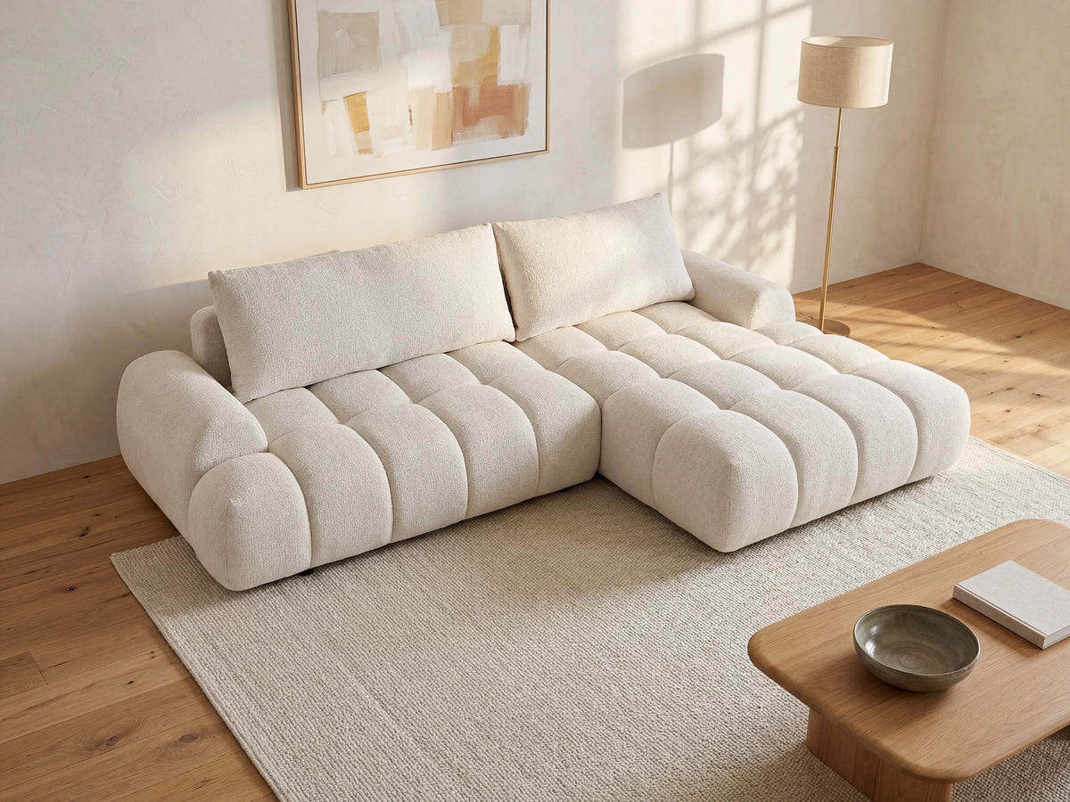 Canapé nuage d'angle droit convertible en tissu chenille beige - FARNETA