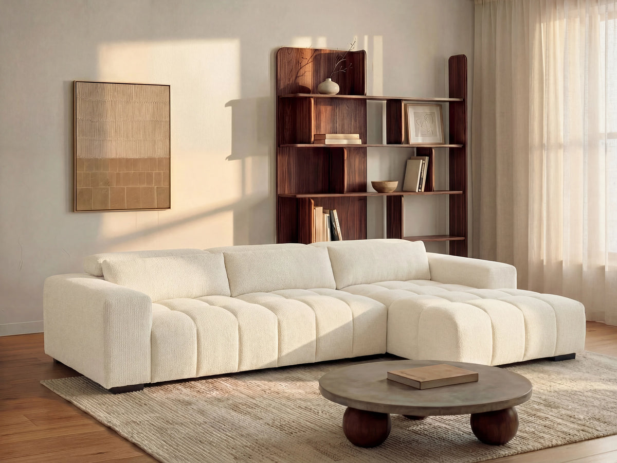 Canapé nuage d'angle droit en tissu texturé beige - LOPONZA