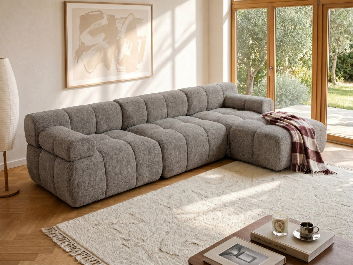 Canapé nuage d'angle modulable en tissu chiné taupe - FACIVIL