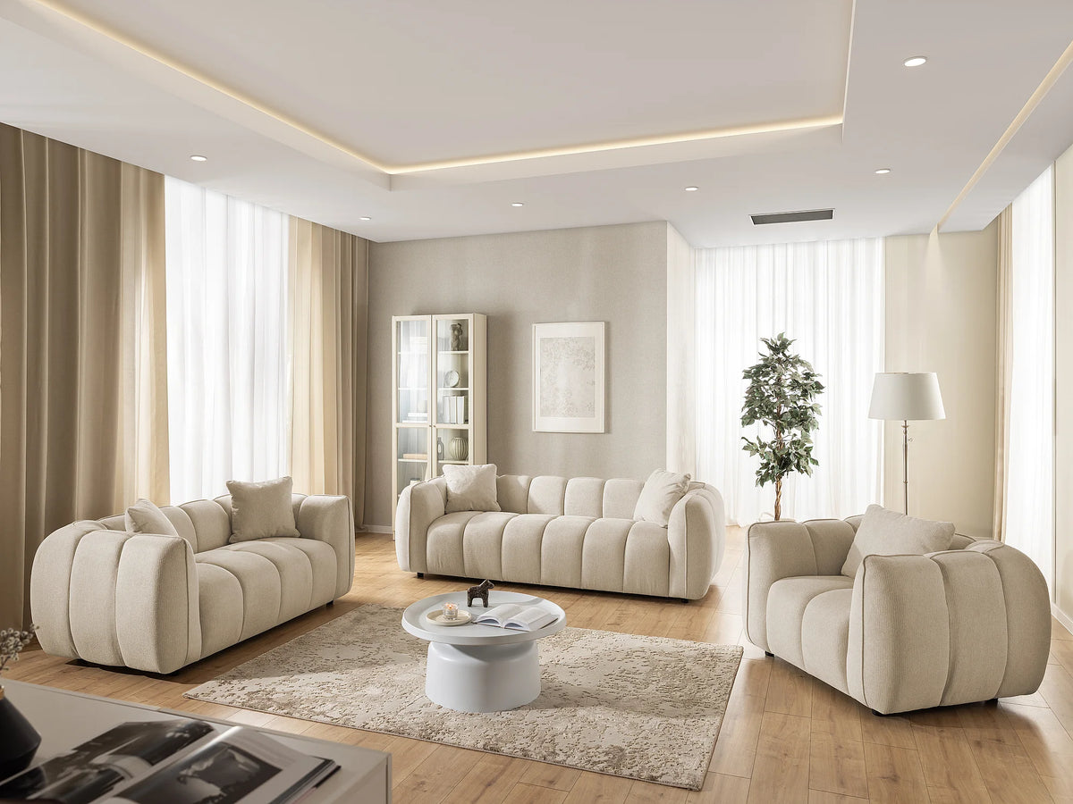 Canapé nuage matelassé bulles tissu beige - NUBIRA