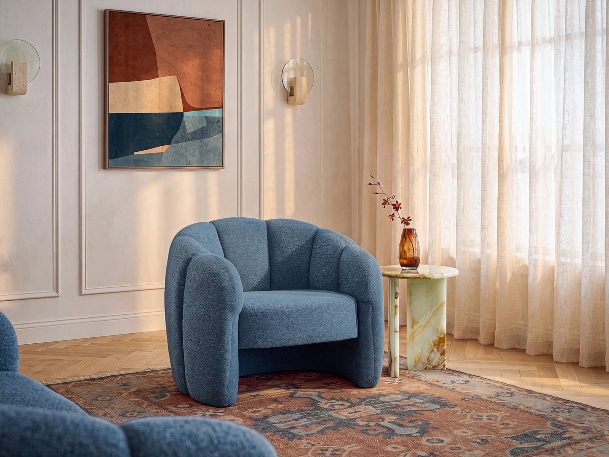 Fauteuil nuage coquillage en tissu chenille bleu - DELIPO