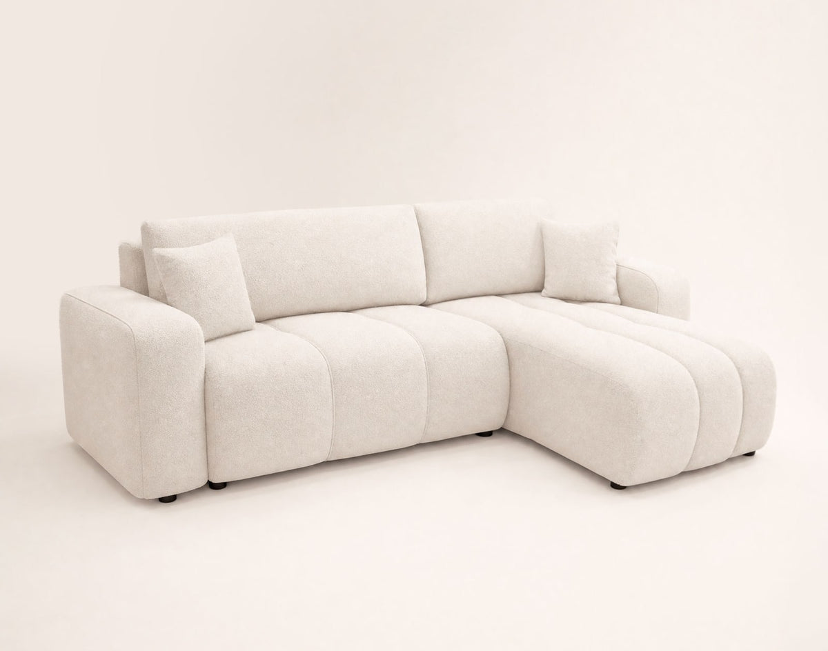 Canapé nuage d'angle convertible 4 places avec coffre en tissu beige - NICOLE