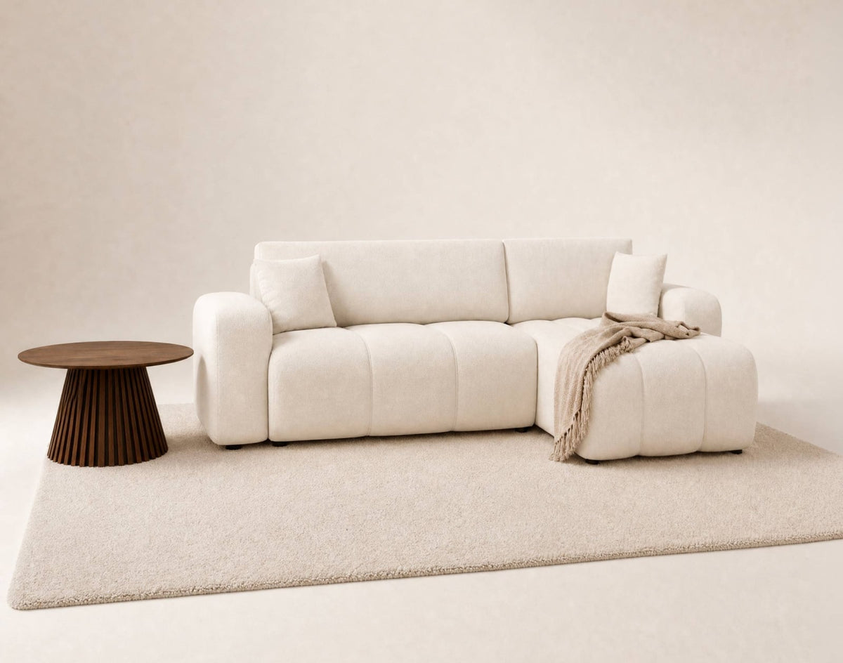 Canapé nuage d'angle convertible 4 places avec coffre en tissu beige - NICOLE