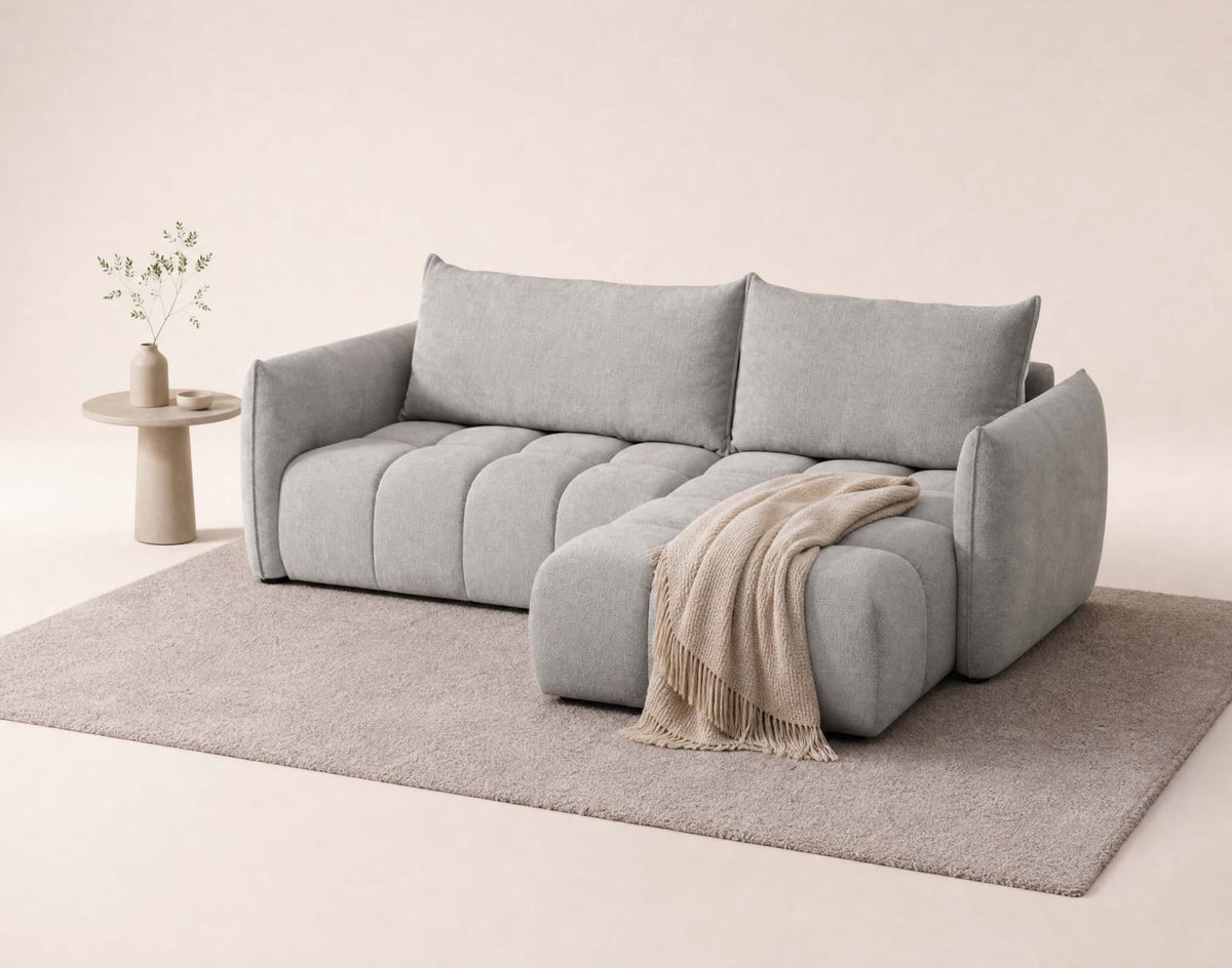 Canapé nuage d'angle droit convertible 4 places en velours texturé gris clair - AMBROISE