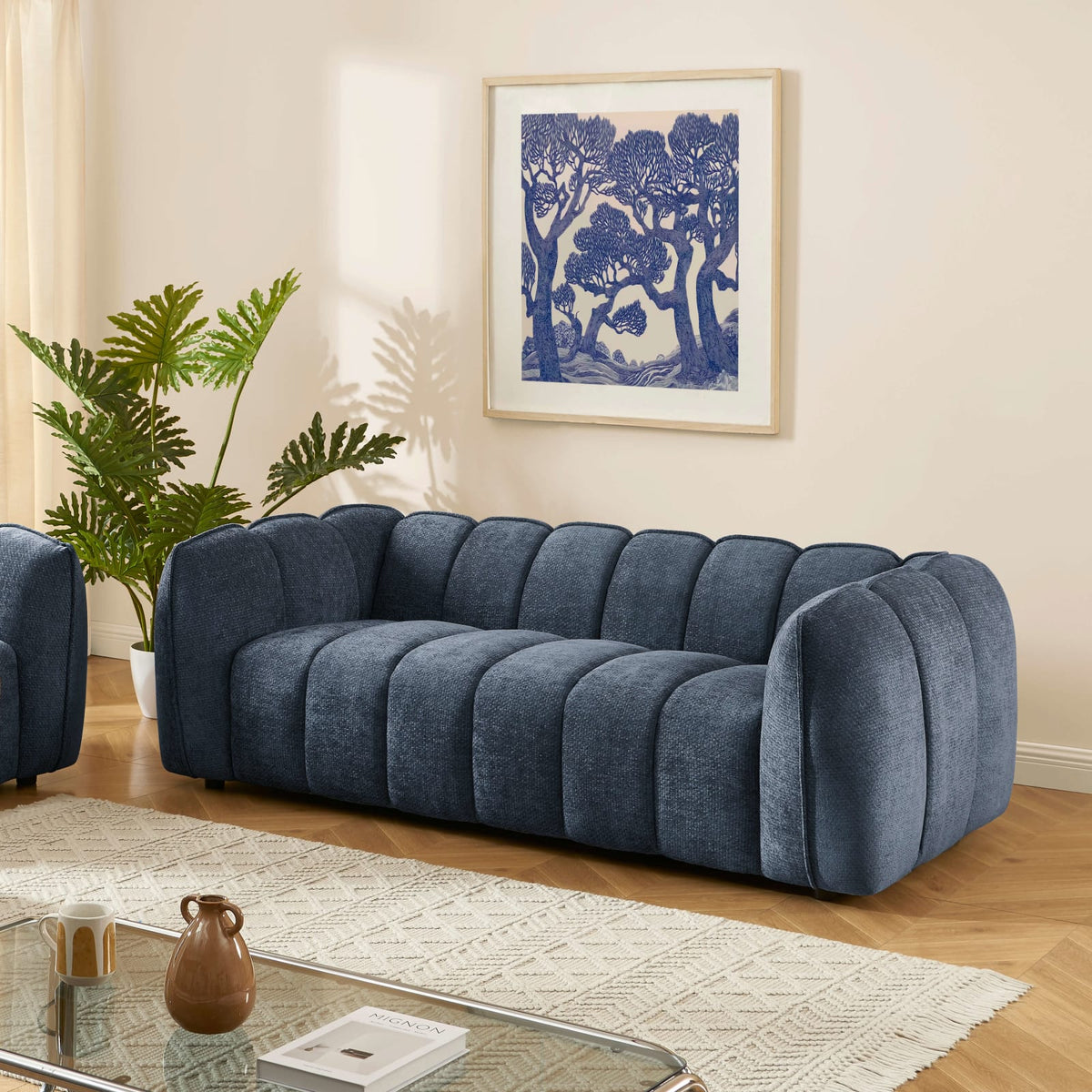 Canapé nuage droit 3 places en chenille bleu - MATILDA