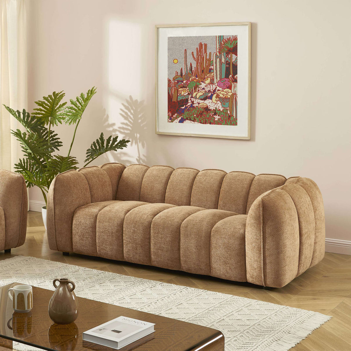 Canapé nuage droit 3 places en tissu chenille terracotta - MATILDA