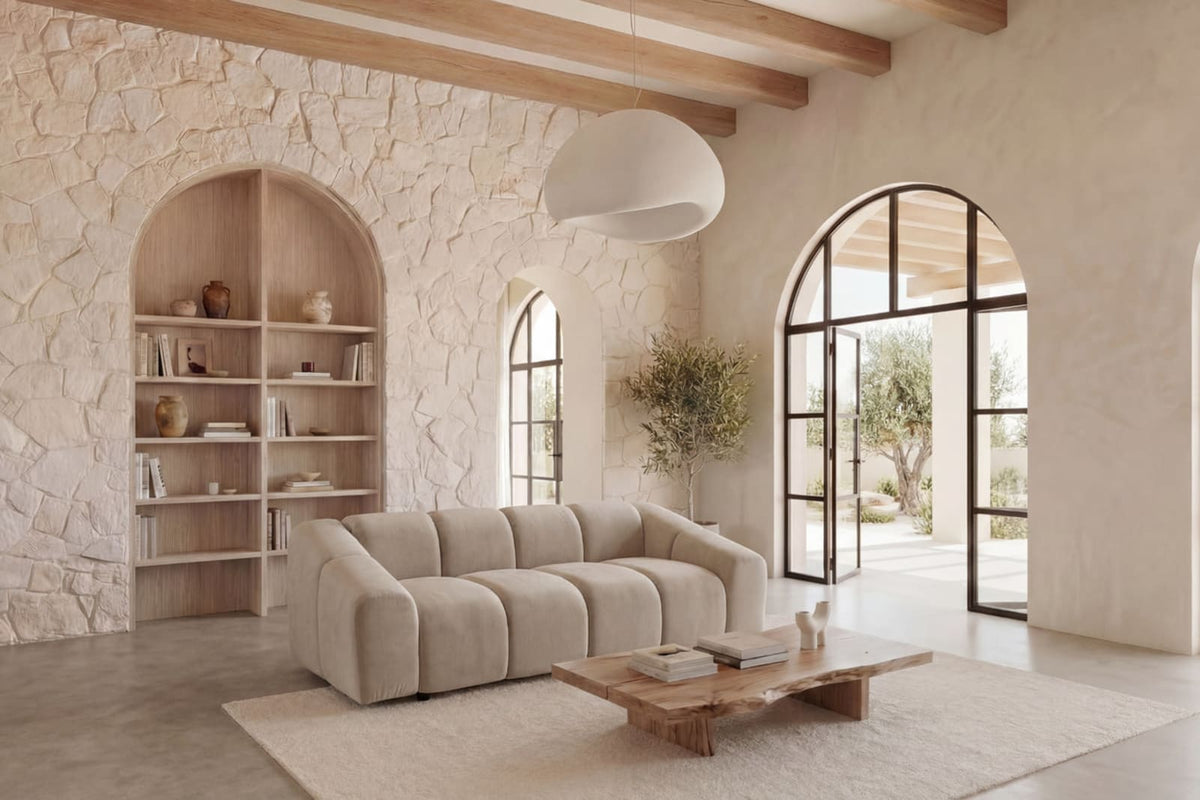 Canapé nuage droit 3 places en velours beige - CANDICE