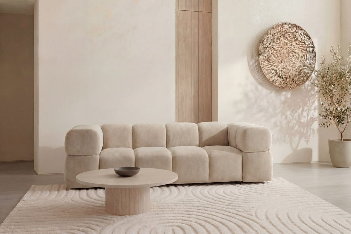 Canapé nuage droit 3 places en velours beige - GUSTAVE