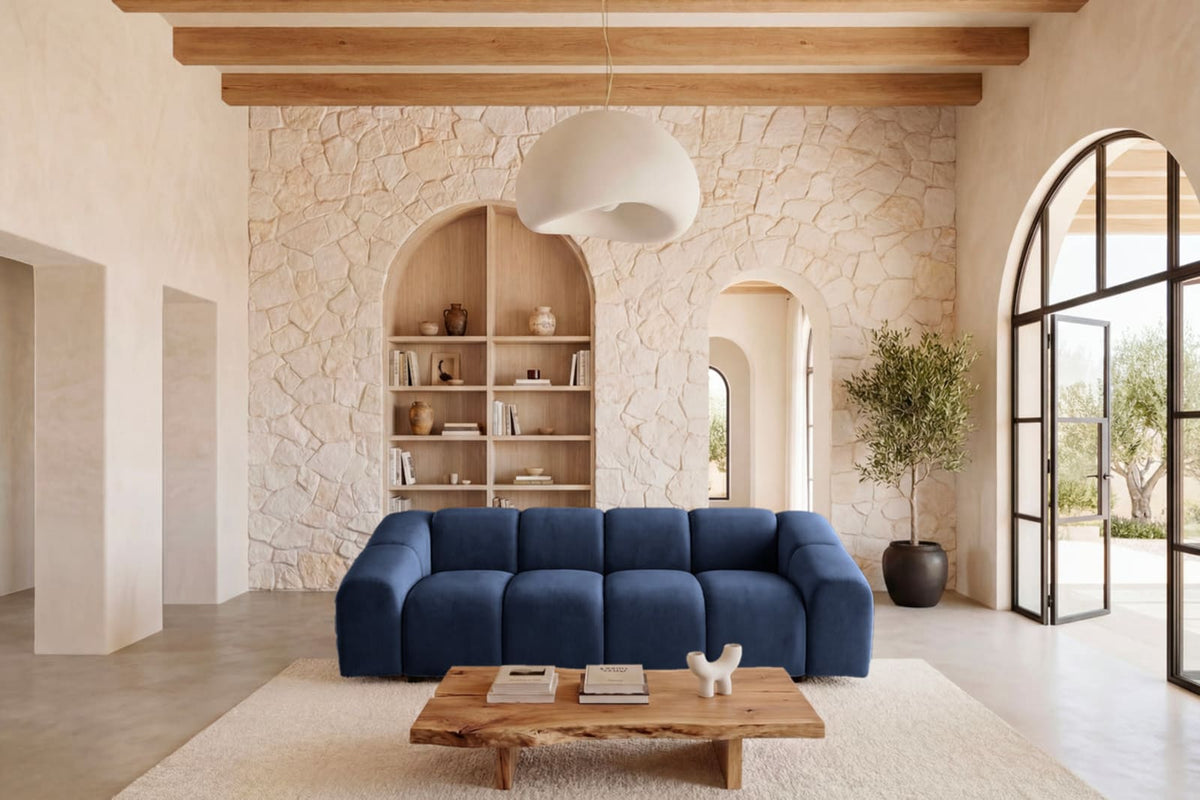 Canapé nuage droit 3 places en velours bleu - CANDICE