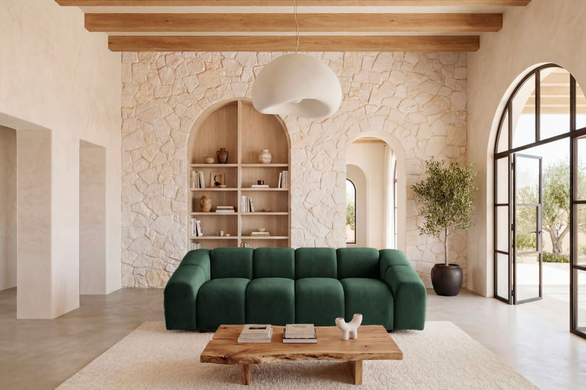 Canapé nuage droit 3 places en velours vert - CANDICE
