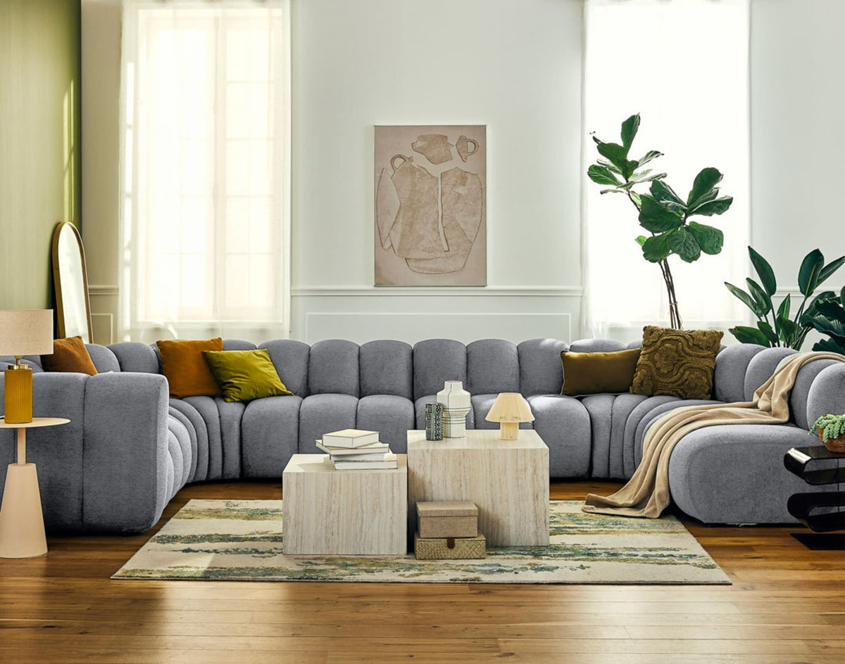 Canapé nuage modulable 7 places angle droit en tissu texturé gris - DEBBIE