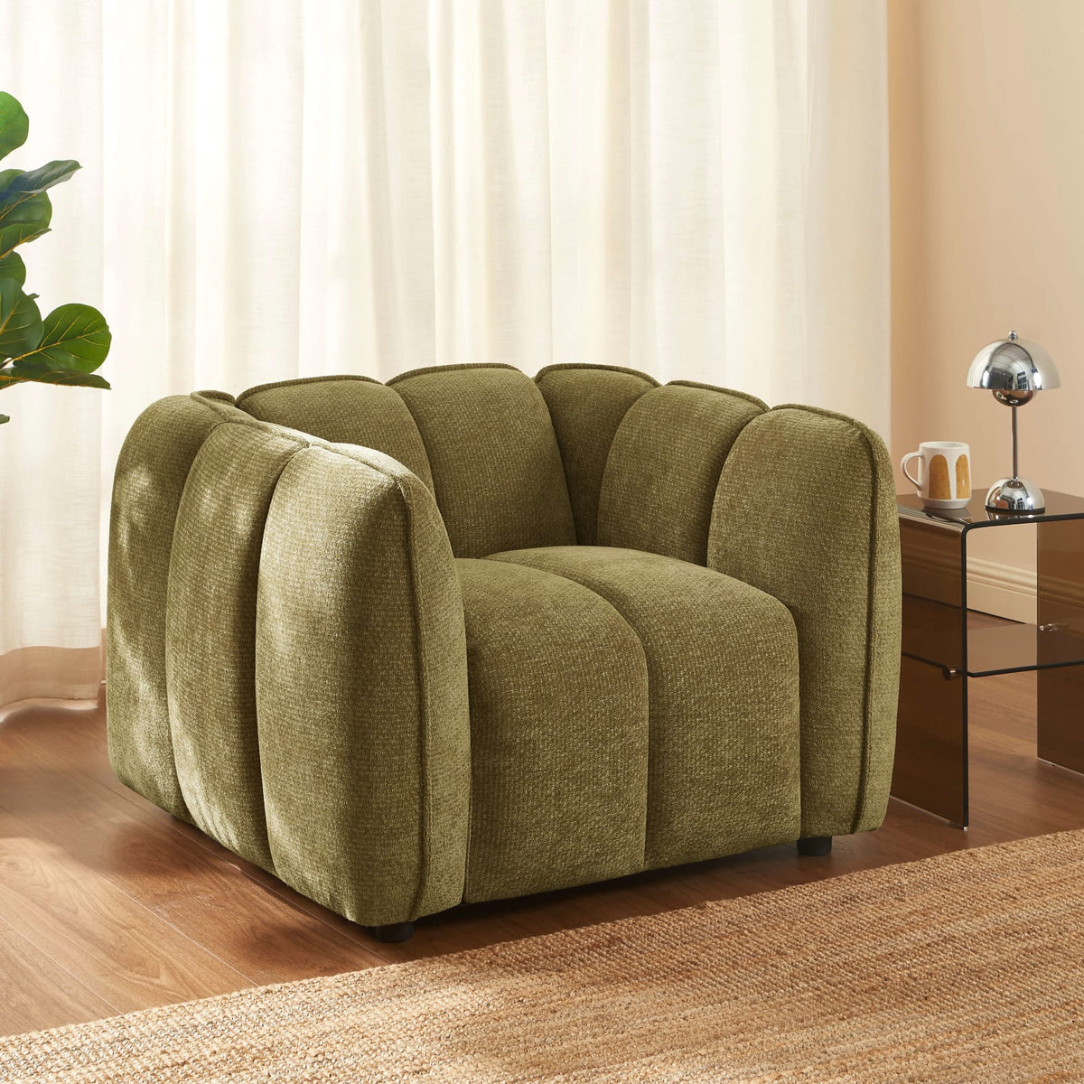Fauteuil nuage en tissu chenille vert - MATILDA